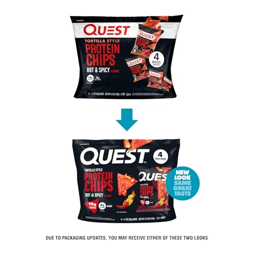 Image of Quest Nutrition Tortilla Style Protein Chips, Hot & Spicy, 19g of Protein, 4g Net Carbs, High Protein, Gluten Free, 1.1 Ounce, 4 count
