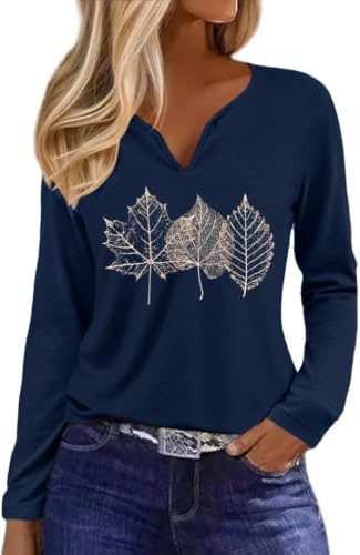 Notch Neck Fall T-Shirt for Women Family Halloween Thanksgiving Tops Thankful Pumpkin Turkey Tees (817-Navy,XL)