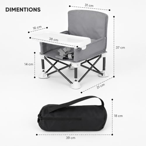 Image of Portable Foldable Baby Dining Chair for Babies & Toddlers | Foldable Travel High Chair with Removable Tray, Safety Harness & Carry Bag | Lightweight Feeding Seat | Grey