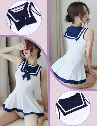 Damen Sexy Cosplay Schulmädchen Dessous Sailor Moon Kostüm Ärmellos Bodycon Elastic Kleid mit Schleifen Anime Matrosen Kostüme Kawaii College JK Anzug Sweet Falten Kleider Babydoll Nachthemd Halloween – Bild 4
