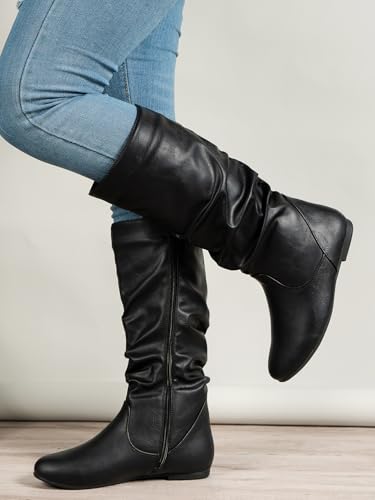 Women's Slouchy Knee High Boots Pull On Flat Boots with Side Zipper Fall Winter Western Cowgirl Booties for Women Soft Faux Leather Round Toe Low Heels Combat Mid Calf Tall Dress Boots3