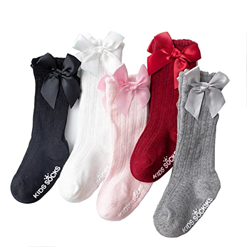 queenland 5 Pairs Baby Knee High Socks Cotton Newborn Socks Kids Toddler Socks Tube Ruffled Uniform Long Stockings (0-12, Bowknot)