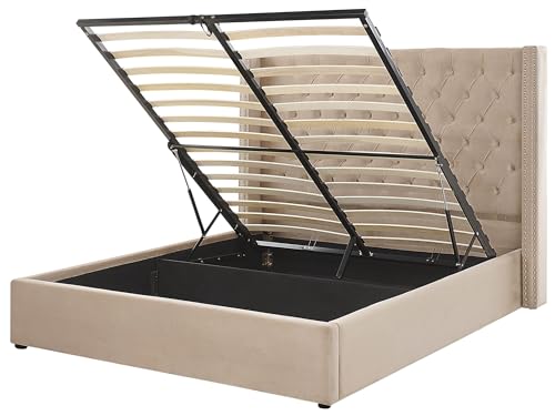 Lit Double en Velours Beige 160 x 200 cm avec Haute Tête de Lit au Style Chesterfield et Rangement pour Chambre su Style Moderne ou Glamour Beliani