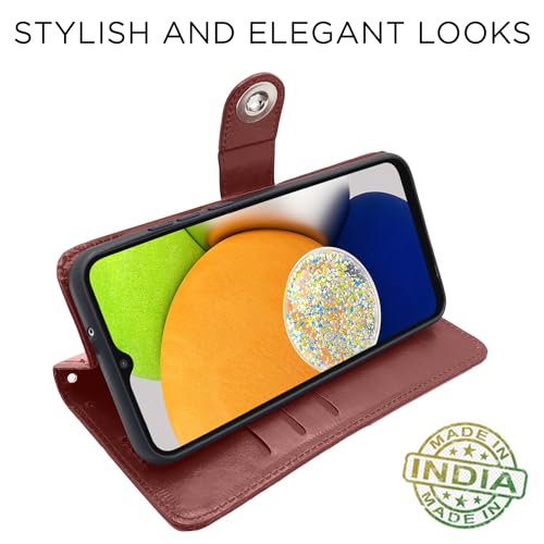 Image of Pikkme Samsung Galaxy A03 Flip Cover Leather Finish | Inside TPU with Card Pockets | Wallet Stand and Shock Proof | Complete Protection Button Flip Case (Brown)