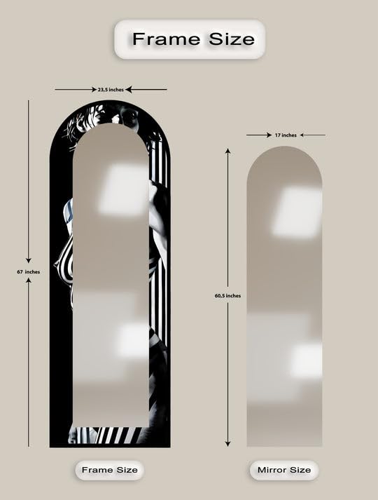 Muse monocromatica da 63,5 x 160 cm (larghezza x altezza), specchio da pavimento nero e bianco ad arco a tutta lunghezza - Specchio da pavimento colorato con cornice nera con