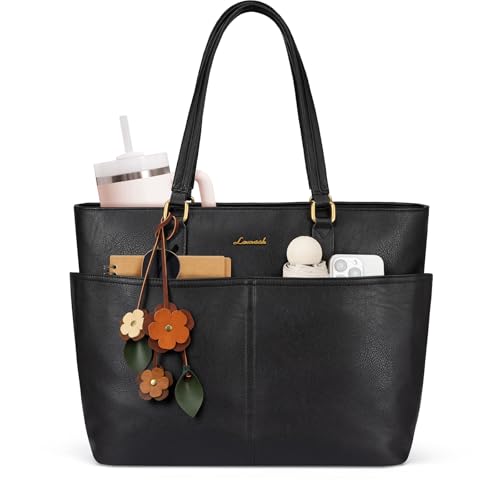 Image of LOVEVOOK Work Tote Bag for Women with Floral Charm, Vintage Leather 15.6 Inch Laptop Bag with Large Cup Holder, Teacher Nurse Medical Professional Computer Bag, Office Briefcase Handbag Gift