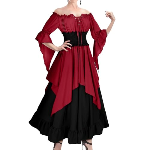 Generisch Vestido renacentista medieval para mujer, vestido de campesino, hombros descubiertos, manga larga, vestido tradicional irlandés para carnaval, vestido de novia victoriano, vestido de novia