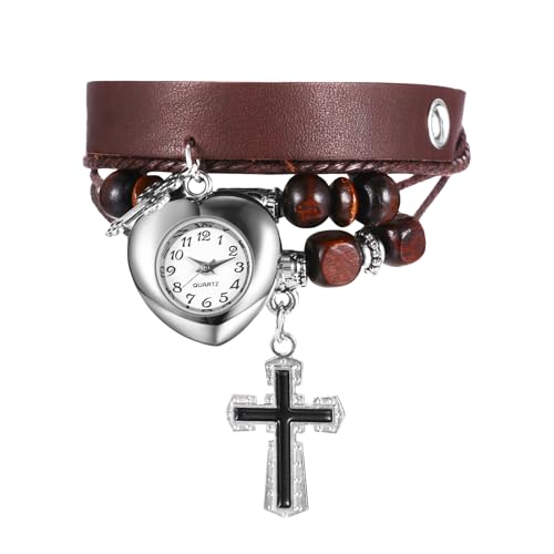 OIDEA Damen Herz Armbanduhr mit Kreuz: Leder Armband mit Damenuhr & Kreuzanhänger Mehrlagig Armkette Holzperlen Analog Quarz Uhr Retro Unisex Geschenk für Frauen