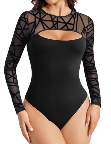 Image of Avidlove Bodysuits for Women Round Neck Long Sleeve Mesh Bodysuit