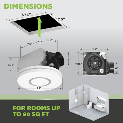 Extracto para baño Homewerks de 80 CFM con luz LED de 3 temperaturas de color (3000K/4000K/5000K), luz nocturna de 2700K, 1.1 sones, para ambientes hasta 80 pies cuadrados, acero galvanizado miniatura 4