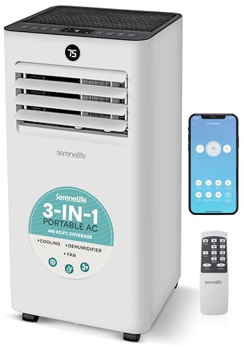 SereneLife 10,000 BTU Portable Air Conditioner with WiFi Control, 3-in-1 Cooling, Dehumidifier & Fan, Compact Indoor AC Unit for 450 Sq. Ft. Coverage, Includes Window Exhaust Kit & Remote