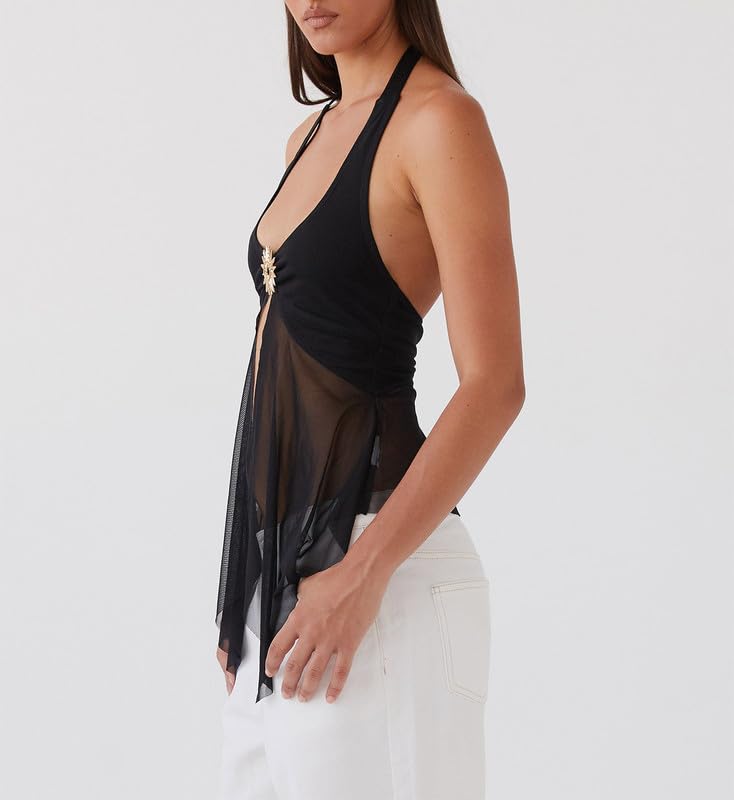 Women Lace Split Cami Top Y2K Spaghetti Strap Low Cut Backless Flowy Tank Top Tie Front See Through Vest Top2