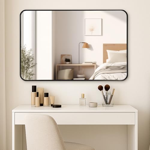 CROWNSHOP 75 X 50cm Bathroom Mirror with Black Aluminum Frame, HD Glass Wall-Mounted Rectangle Mirror with Curved Corners for Bathroom, Living Room Vertical or Horizontal Hanging Wall Decor - Cosy Home Interiors CROWNSHOP 75 X 50cm Bathroom Mirror with Black Aluminum Frame, HD Glass Wall-Mounted Rectangle Mirror with Curved Corners for Bathroom, Living Room Vertical or Horizontal Hanging Wall Decor - Image 7