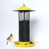 KiRuan Deco Finch Feeders for Outside,Thistle Bird Feeders for Outdoors Hanging,Metal Mesh Tube Bird Feeder 12 Inch with 17cm Weatherproof Large Roof&Tray,3 Feeding Perches,Yellow,1 Pack