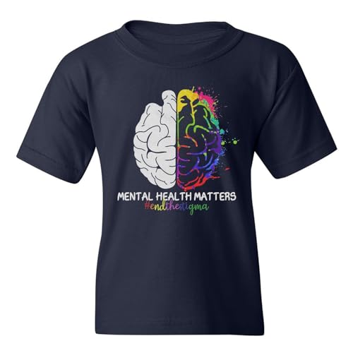 Omufisa Mental Health Matters End The Stigma - Brain Design Youth Unisex T-Shirt (Navy, Youth Small)