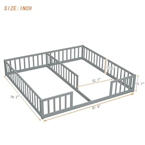 Floor Bed for 2 Kids, Montessori Bed Frame with Fence Railings, Wooden Double Twin Bed for Two Boys Girls, Box Spring Needed, Gray Floor Bed for 2 Kids Montessori Bed Frame with Fence Railings Wooden Double Twin Bed for Two Boys Girls Box Spring Needed Gray