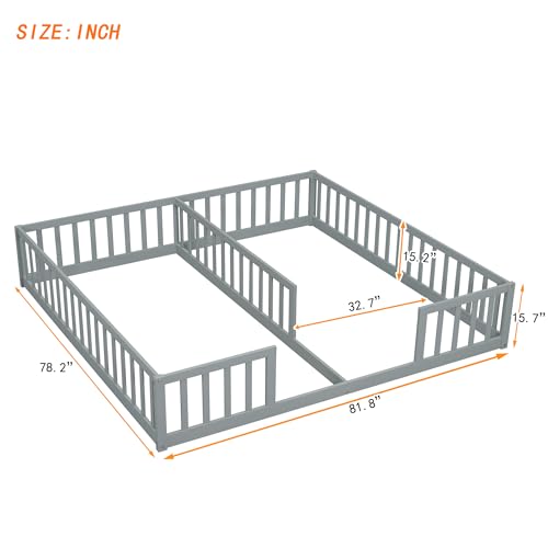 Floor-Bed-for-2-Kids-Montessori-Bed-Frame-with-Fence-Railings-Wooden-Double-Twin-Bed-for-Two-Boys-Girls-Box-Spring-Needed-Gray Floor Bed for 2 Kids Montessori Bed Frame with Fence Railings Wooden Double Twin Bed for Two Boys Girls Box Spring Needed Gray