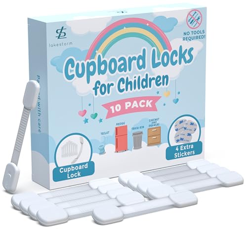 Lake Storm® Cupboard Locks for Children - 10 Pack | Child Safety Locks for Kitchen Cupboards | Baby Proofing Cabinet Drawer Locks | No Drilling | 3M Adhesive | Extra Strong | 4 Extra Stickers