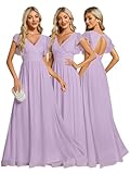 Ever-Pretty Women's Elegant Long Bridesmaid Wedding Guest Dress Chiffon A-Line Ruffles Sleeve Frosted Lilac 10
