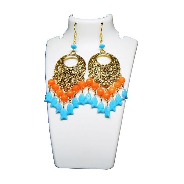 Glass Beaded Chandbali Earrings, Orange & Blue - Image 3