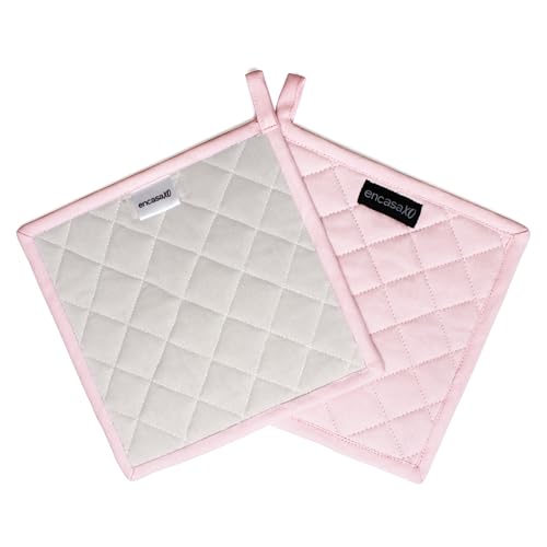Image of Encasa XO Heat Resistant Cotton Pot Holders with Hanging Loop - Set of 2 - Light Pink & Light Grey - Multipurpose Quilted Everyday Hot Pad for Kitchen, Camping, BBQ & Microwave - 21 cm