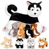 Honoson Nurturing Dog Stuffed Animal with Puppies Set Nursing Mommy Dog Plush with 4 Baby Puppies Soft Cute Stuffed Plush Toys for Girls Boys Kids Birthday Gifts Party Favors(Husky)