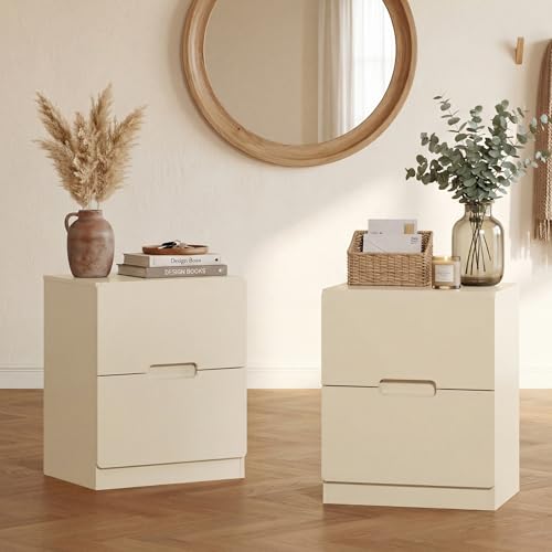 RoyalCraft Beige Nightstand Set of 2, Night Stand with Drawers, Modern Bedside Table with Handless Design, Wood End Table for Bedroom, Hallway