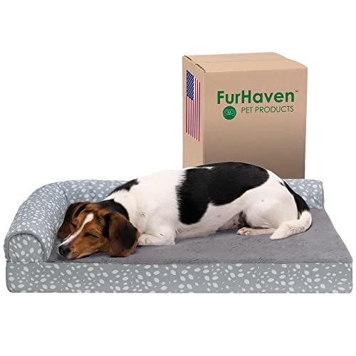 Image of FurHaven Supportive Cooling Memory Foam L Chaise Dog Bed with Washable & Removable Cover - Plush & Almond Print - Gray Almonds, Dogs Up to 35 lbs - Medium