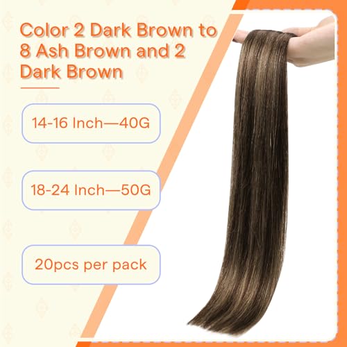 Image of Full Shine Hand Tied Invisible Tape in Hair Extensions,Remy Human Hair,2 /8 /2 Dark Brown to Ash Brown Balayage,40g 20Pcs 14 Inch,Seamless Skin Weft Tape in Extensions for Party and Night Out