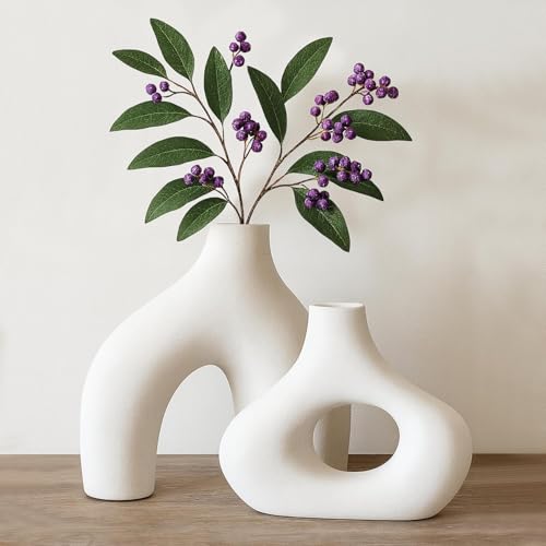 Image of PUREZENTO Abstract White Ceramic Donut Vase 5.4 & 7.7 Inch - Set of 2 | Decorative Unique Modern Vase for Dried Flowers & Pampas Grass | Vases for Modern Home Decor, Living Room, Office Decor Ideas