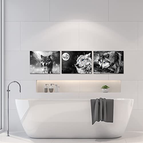 Ilooklike 3 Pieces Wild Animal Wall Art Black And White Wolf With Blue Eyes Pictures Prints On Canvas Wildlife Wolves Wall Decor Artwork Stretched And Frame For Kids Room Bedroom 12X16Inchx3Pcs #TOP4