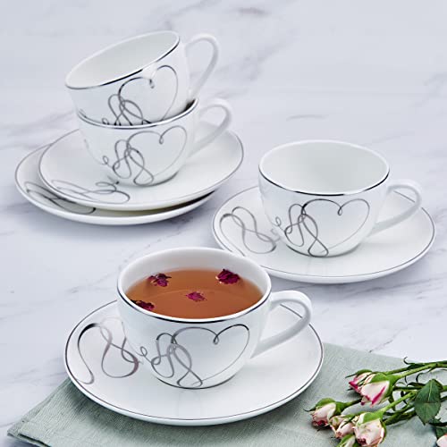 Mikasa Love Story Platinum Banded Teacup And Saucer Set, Set Of 4, 9.6-Ounce, White #TOP3