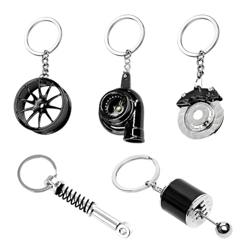 Rdxcv 5 PCS Car Parts Model Key Chain, Creative Turbo Wheel Rim Keyring Kit, Metal Auto Part Keychains for Women Men (Black)