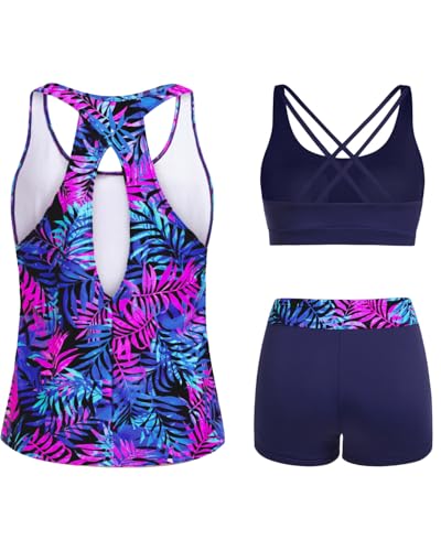 Image of 3 Piece Tankini Long Sleeve Swimsuits Athletic Rash Guard Bathing Suits | Modest,Full Coverage,High Waisted Short,Quick Dry,Criss Cross Back