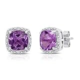 MAX + STONE Purple Amethyst and Diamond Accent Halo Cushion Cut Stud Earrings for Women in 925 Sterling Silver 7mm February Birthstone with Push Backs