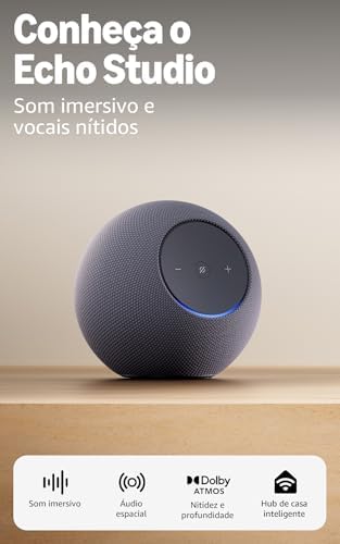 Amazon Echo Studio (Geração mais recente), com design compacto, á...