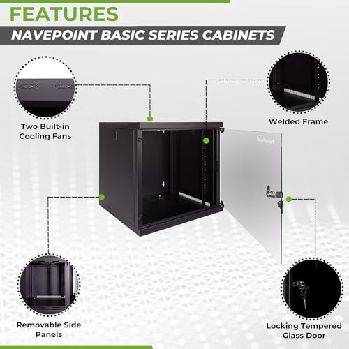Image of NavePoint 9U Wall Mount Network Cabinet for 19 inch IT Equipment with Lockable Glass Door & Removable Side Panels, 2 Fans, 17.7 inch Deep, Pre-Assembled