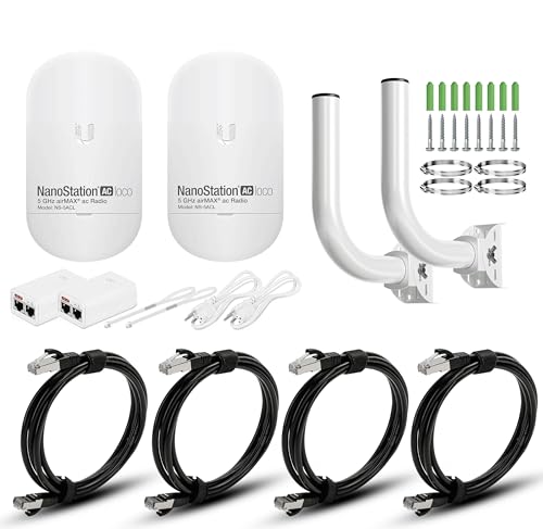 Image of Wireless Bridge Ubiquiti LOCO5AC PRE-CONFIGURED, Bundle of 2 Nanostation LOCO 5AC, 2 Poles Kit and 4 CAT 8 Cable 6FT, Point to Point Outdoor WiFi Bridge, Plugh and Play, 5GHz, 450+Mbps, 10+km