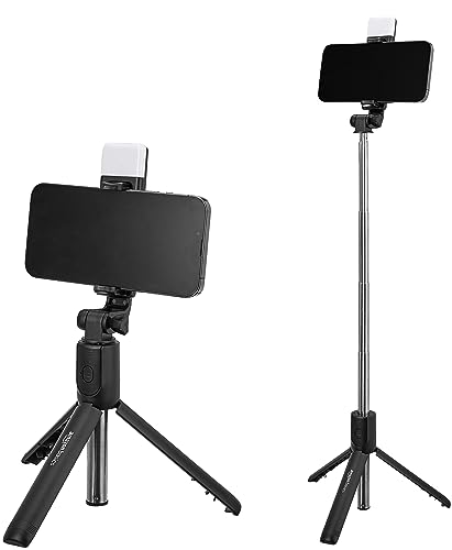 Image of Amazon Basics Extendable Bluetooth-Enabled Selfie Stick /Tripod with Wireless Remote, White Light, 2 Colour Modes, Useful for Selfies, Makeup, Vlogging and Portrait Shots