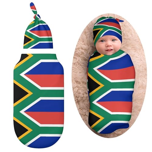Image of South African Flag Newborn Swaddle Blanket with Beanie Hat - Unisex, One Size - Polyester - Tie Closure - Perfect for Newborns, Parents and Caregivers