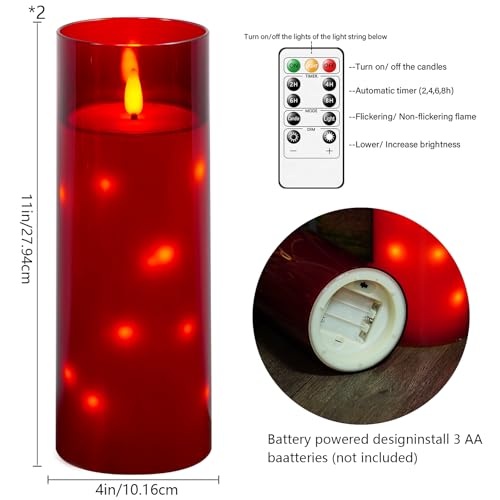 Image of kakoya 11 inch x 4 inch Large Outdoor Waterproof Flameless LED Candles with Remote and Timer,Acrylic Pillar Candles Battery Operated with Embedded Star String for Porch,Patio,Outdoor Decor,Set of 2(Red)