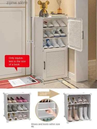 Image of Strassis Design Plastic Shoe Rack for Home | 6 Shelf DIY Shoe Rack with Door Magnets for Home Storage Plastic Box Organizer, Metal Door Frame, Chappal Slipper Sandals Stand (White,2 Door)