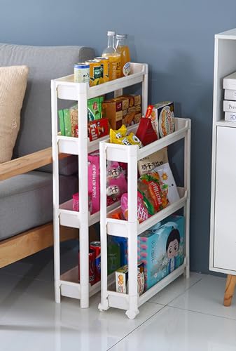 Gelory 4 Tier Slim Storage Cart Slide Out Kitchen Trolley, Mobile Storage Shelving Organizer Cart for Kitchen Bathroom Laundry Office (4 Tier (9.5CM, White))