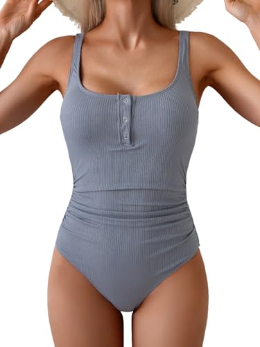 Image of B2prity One Piece Swimsuit for Women Tummy Control Ruched Slimming Bathing Suit Button Full Coverage Swimwear