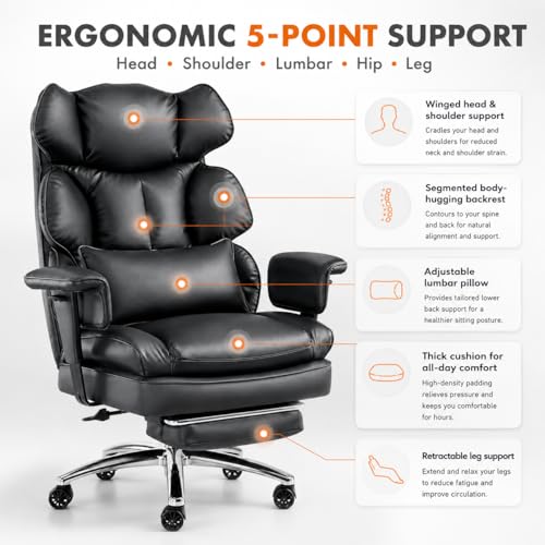 Image of Big and Tall Ergonomic Office Chair with Footrest, Executive High Back PU Leather Desk Chair, Reclining Computer Chair with Adjustable Lumbar Support and Armrests, Swivel Rolling Gaming Chair, Black