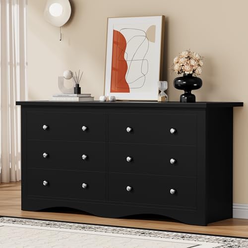 YESHOMY Dresser for Bedroom with 6 Drawers, Modern Chest of Drawers, Wooden Dressers, TV Stand for Living Room,Closet, Hallway (Black)