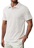 Herberton Mens Office Midweight Polos Fitted Comfort Poloshirt Business Ribbed Cable Knit Crochet Jacquard Woven Short Sleeve Collar Vacation Summer Spring Retro Polo Shirt White XL