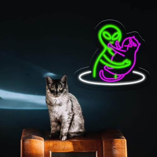 Image of Alien Cat Neon Sign,Funny Green Aliens Purple Cute Cat LED Light Sign Wall Decor For Game Room Bedroom Party Man Cave Club,Birthday Gifts For Women,Men,Boys,Girls(Alien Cat)