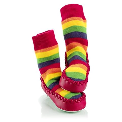 Mocc Ons moccasin washable leather sole slipper socks (6-12 Months, Rainbow) Cover