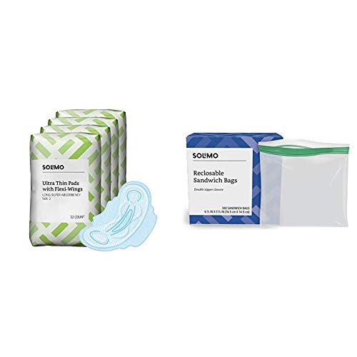 Amazon Brand - Solimo Ultra Thin Pads with Flexi-Wings for Periods, Long Length, Super Absorbency, Unscented, Size 2, 128 Count (4 Packs of 32) & Solimo Sandwich Storage Bags, 300 Count